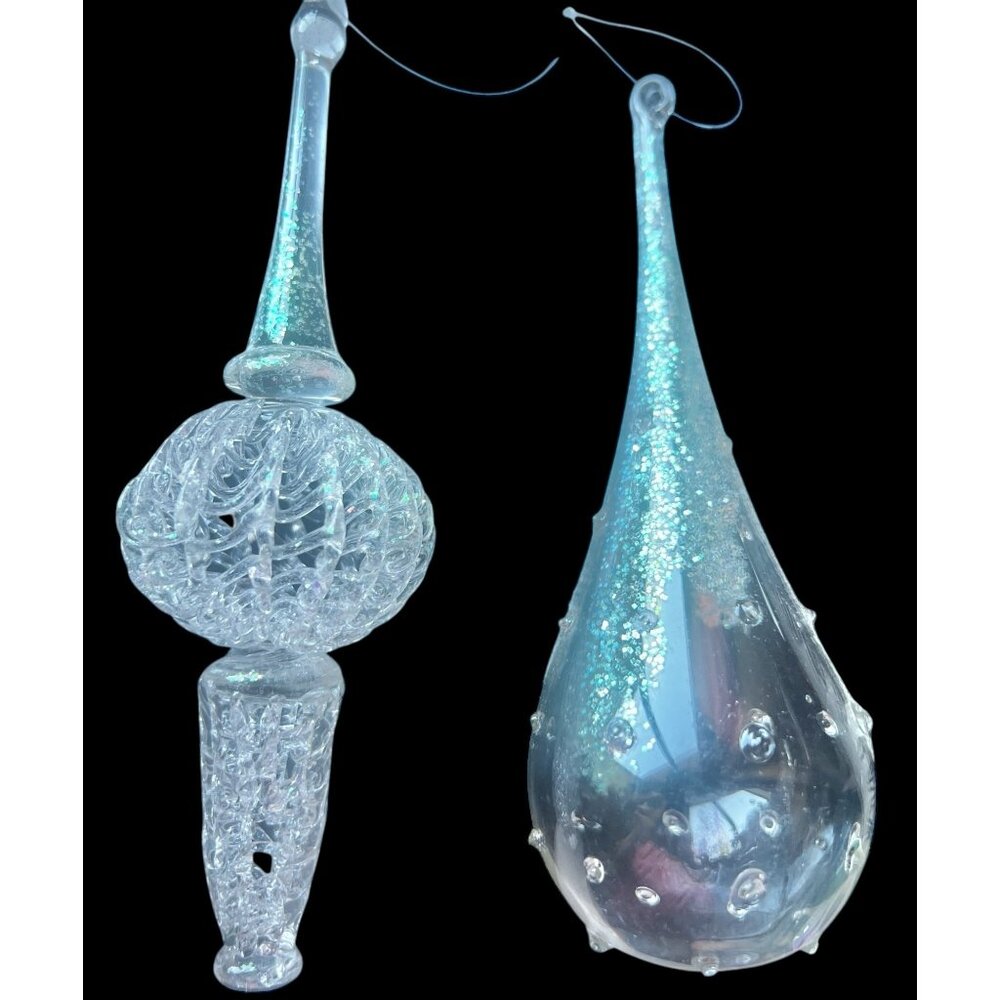Set Of 2 Iridescent Spun Glass Spire & Glass Teardrop Ornaments Glitter Accents - Picture 1 of 11